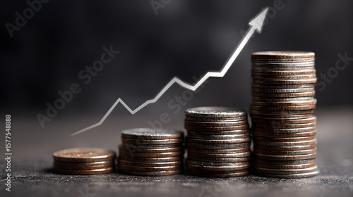 Fotografi Stack of coins next to a upward curve symbolizing rising costs due to inflation