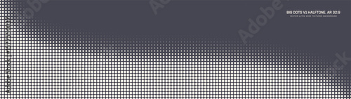 Big dots grid halftone patterned smooth curved border ultra wide 32:9 aspect ratio vector grey graphite abstract background. Half tone textured panoramic ultrawide format retro futuristic abstraction
