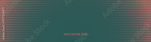 Scaly grid halftone pattern semicircle border ultra wide 32:9 aspect ratio vector dark green orange abstract background. Half tone graphics ultrawide format retro futuristic cyberpunk abstraction