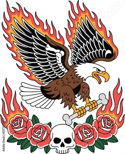 Fiery Eagle Tattoo Design Wings of Flame, Roses, and Skull