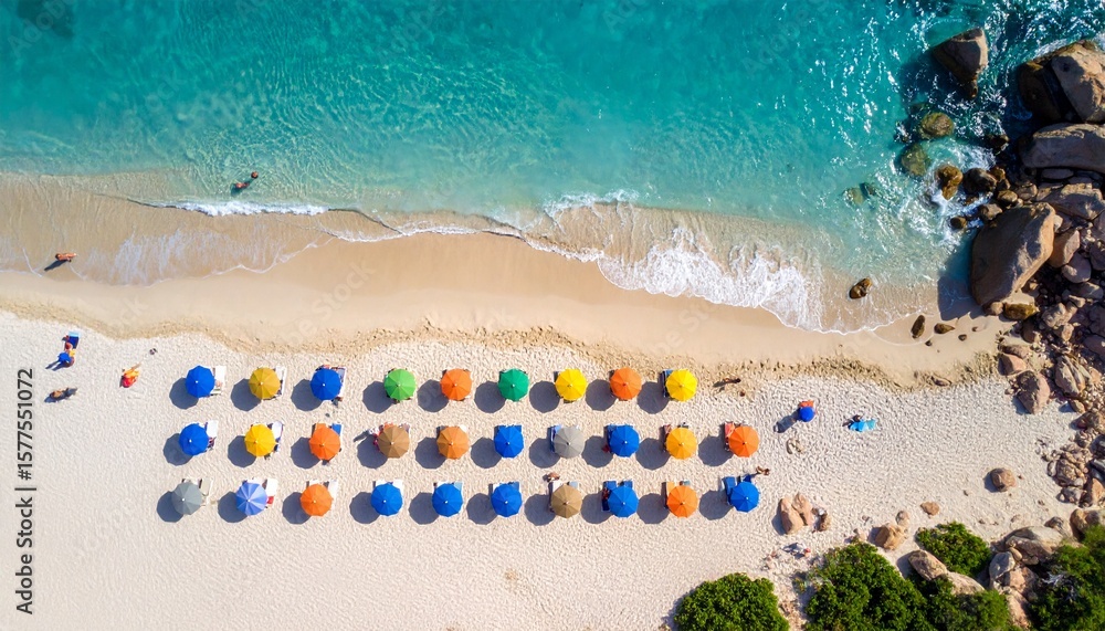 Obraz premium impresionante vista aérea de una playa de arena dorada durante un día soleado. La imagen está dominada por filas de sombrillas de playa y tumbonas organizadas de manera ordenada sobre la arena.
