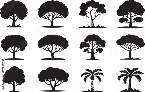 "Set of 12 Black Tree Silhouettes".