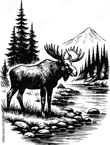 Moose by River Laser engrave Vector – Wildlife Scene for Rustic Decor, Laser Engraving, CNC Projects, and Cricut Crafts