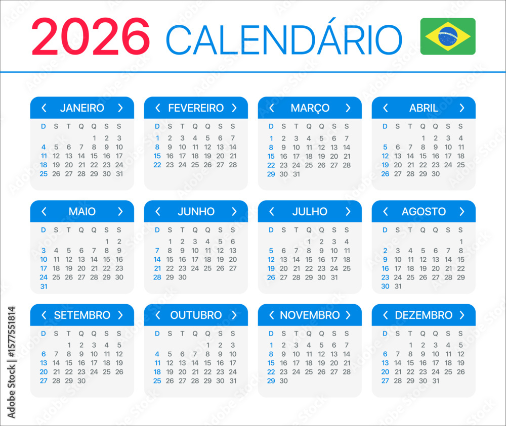 2026 Calendar - vector template graphic illustration - Brazilian version 2026 Calendar - vector template graphic illustration - Brazilian version