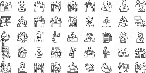 Line art icons depicting business meetings and professional interactions
