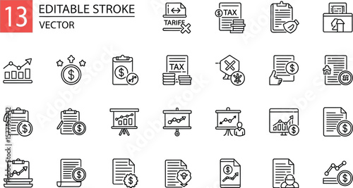 A collection of line art icons depicting finance and business concepts