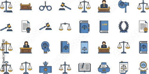 Collection of law and justice icons in blue and gold on a white background