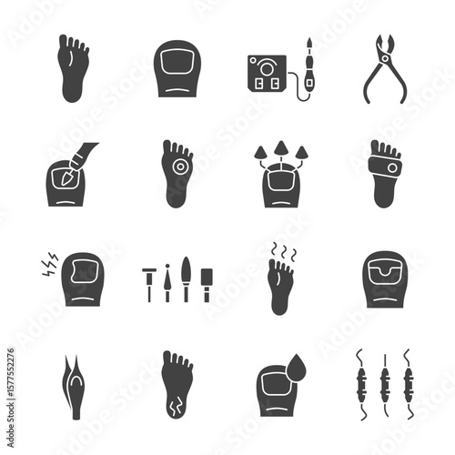 Podiatry glyph icon set. Podology collection with sole, toe, pedicure machine, callus, ingrown toenail, nail fungus, nippers. Vector illustration.
