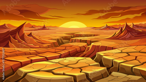 sunset over cracked, dry earth in arid desert landscape. Harsh climate, global warming, drought concept. Nature background with vivid sky and parched terrain