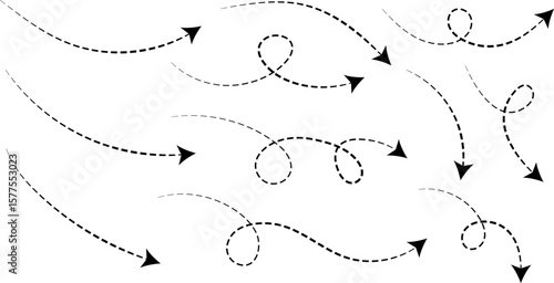 Hand drawn curve dotted line arrow set. Sketch curved dashed arrows design. curved hand drawn arrows. Zigzag arrow stripes design with dotted lines

