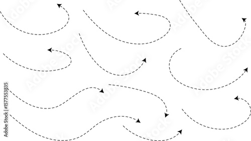 Hand drawn curve dotted line arrow set. Sketch curved dashed arrows design. curved hand drawn arrows. Zigzag arrow stripes design with dotted lines
