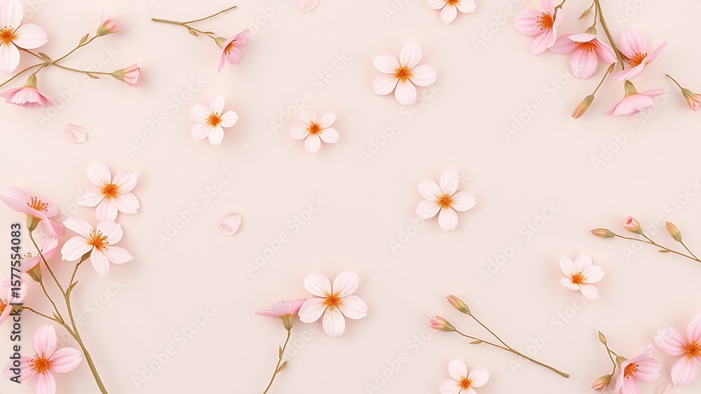 Fototapeta premium Delicate pink cherry blossoms and petals scattered on a pastel beige background