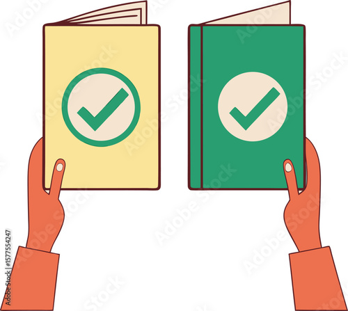 Holding Up Validated Documents A Sign of Approval and Acceptance in Yellow and Green Colored Books