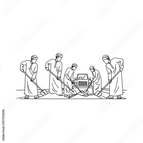 group of archaeologists working with tools and excavation equipment
