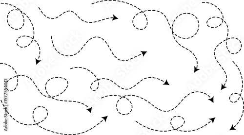 Hand drawn curve dotted line arrow set. curved pointers sign. Sketch curved dashed arrows. signpost showing a confusing complex path. Dashed arrows
