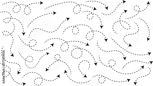 Hand drawn curve dotted line arrow set. curved pointers sign. Sketch curved dashed arrows. signpost showing a confusing complex path. Dashed arrows
