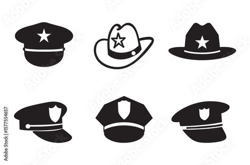 Black Police Hat Icon Set in Flat Style. Realistic Police Officer Uniform Headgear with Badge, Law and Justice Vector.