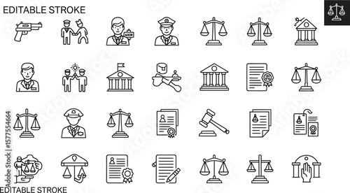 A collection of law and justice related icons in a line art style set up