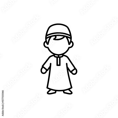 Line drawing of young boy wearing traditional dress and headgear