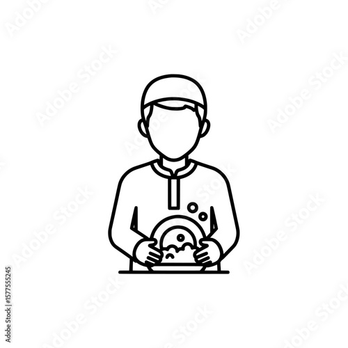 Man holding a plate with food and bubbles in a line art style