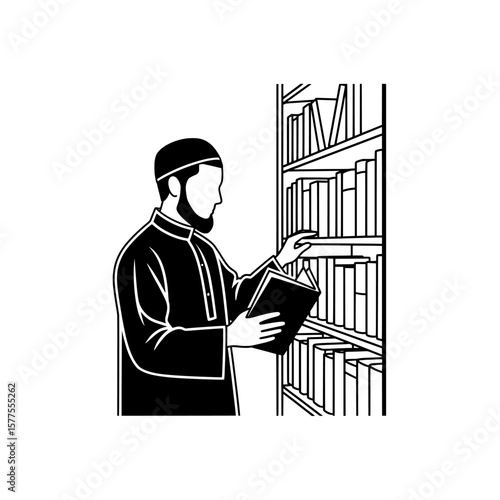 Man reading a book in library shelves background
