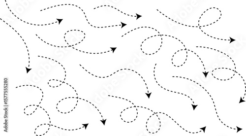 Hand drawn curve dotted line arrow set. curved pointers sign. Sketch curved dashed arrows. signpost showing a confusing complex path. Dashed arrows
