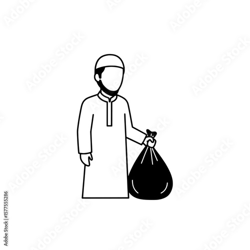 Man wearing protective suit holding a trash bag