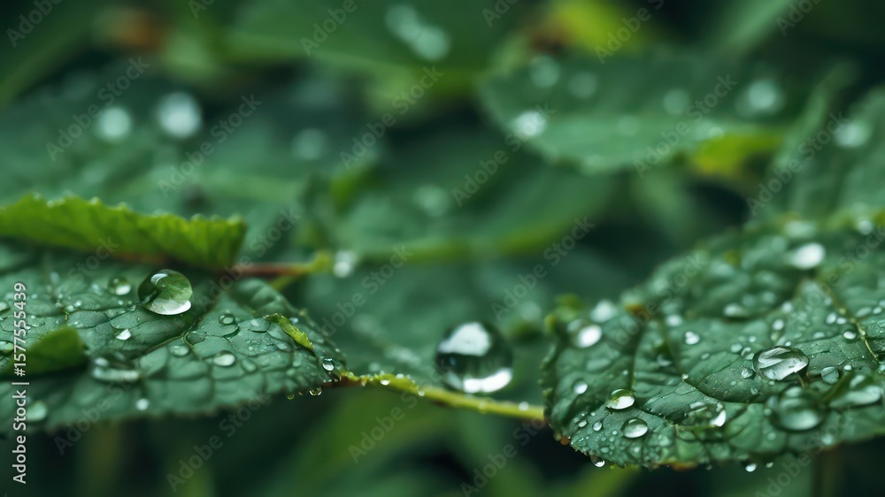 Close-up macro photograph of vibrant green leaves glistening with water droplets after rain. Close-up macro photograph of vibrant green leaves glistening with water droplets after rain.
