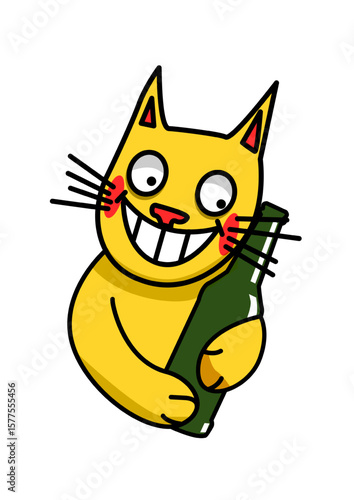illustration of a cat hugging a bottle