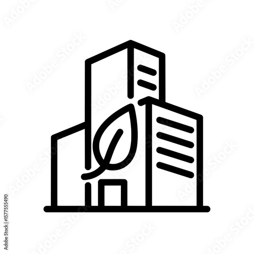 Modern eco-friendly building with leaf symbol on facade