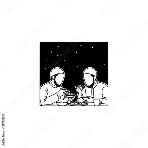 People eating dinner under starry sky with moonlight