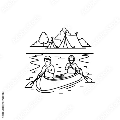 People kayaking on a lake with tents and trees in the background