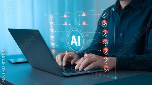 Person uses laptop showing artificial intelligence processing for efficient workflow management in a modern tech environment.