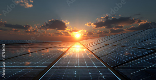 Solar panels at sunrise - 3D illustration