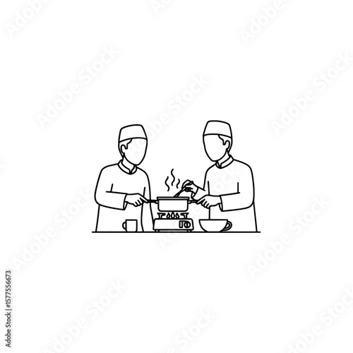 Two chefs cooking in a kitchen with a steaming pot