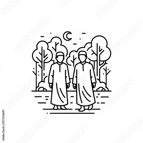 Two men in traditional robes walking in a forest at night