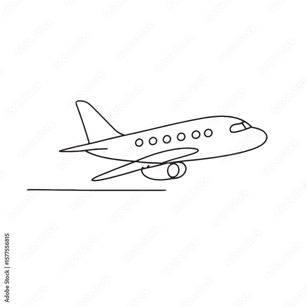 Fototapeta premium A simple line drawing of an airplane taking off with visible windows and landing gear down