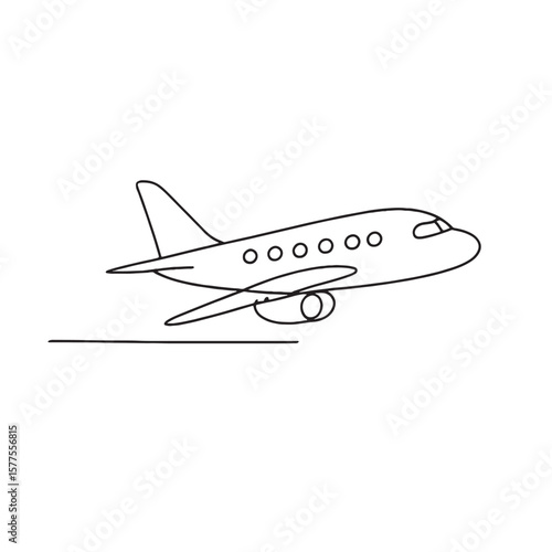 A simple line drawing of an airplane taking off with visible windows and landing gear down