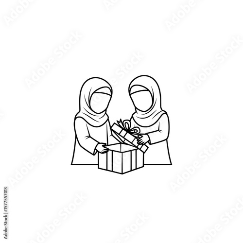 Women in headscarves exchanging gifts in a minimal outline style