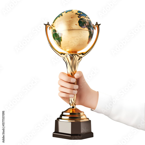 A gleaming golden globe trophy held aloft symbolizes global achievement on a stark black backdrop, perfect for awards or success conceptual designs, transparent background