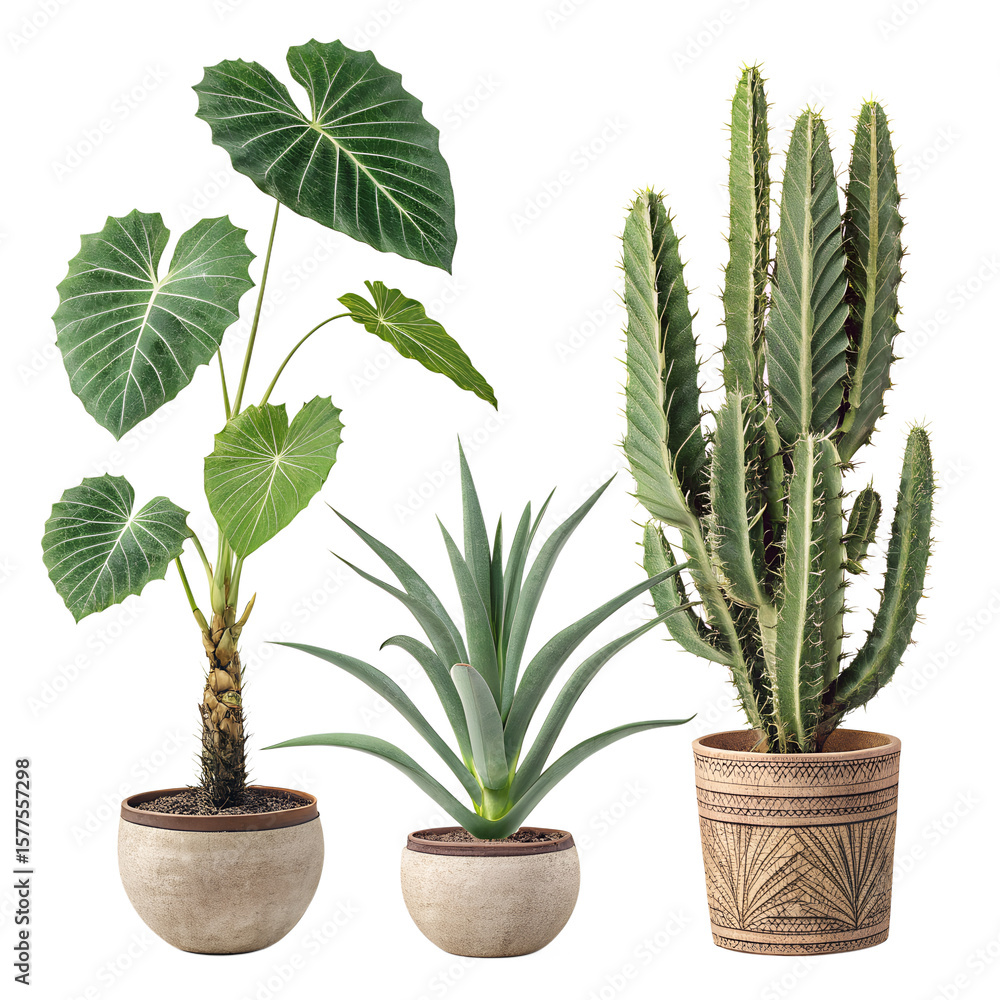 Fototapeta premium Three potted houseplants including a tall cactus and large leaf plants isolated on transparent background