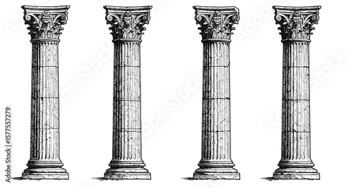 hand drawn sketch collection of decorative ancient columns, black and white illustration, engraving column png