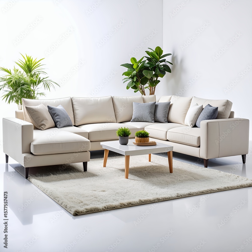 Fototapeta premium Inviting sectional sofa arrangement in a minimalist bright room setting on white background
