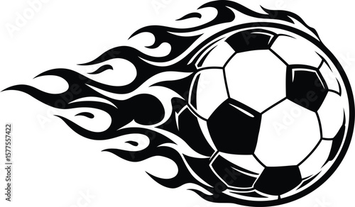 A black and white soccer ball with flames trailing behind it on a white isolated background image vector