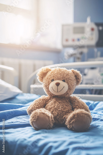 Teddy bear sitting alone on hospital bed in pediatric room. Childhood, illness, and comfort concept.
