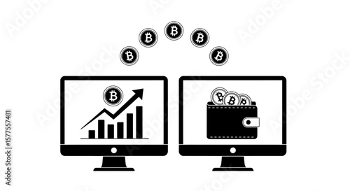 Digital Currency Exchange Transferring Cryptocurrency Between Wallet and Growth Chart on Computer Screens
