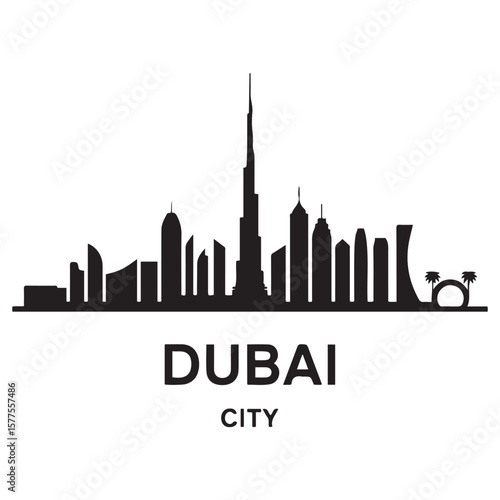 Dubai city skyline horizontal banner. Dubai city, UAE. Vector template for your design. Vector black silhouette. with white background