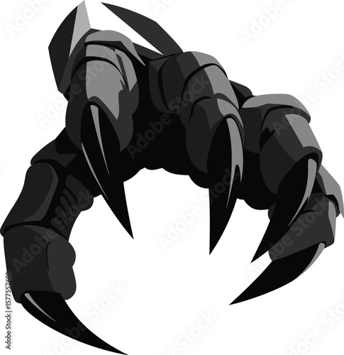 A stylized illustration of a dark gray robotic claw with sharp black talons on a white background