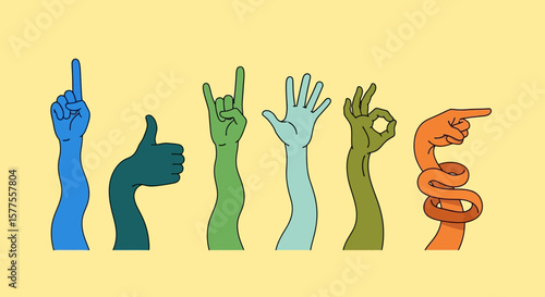 Gestural Variety Expressive Hands in Diverse Poses and Vivid Colors on a Light Background, Demonstrating Communication