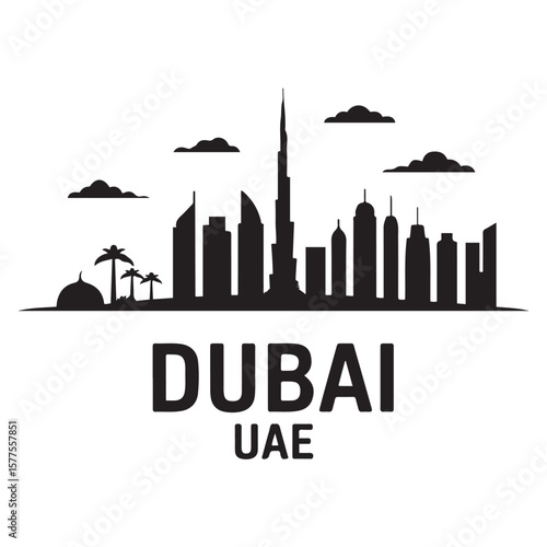 Dubai city skyline horizontal banner. Dubai city, UAE. Vector template for your design. Vector black silhouette. with white background